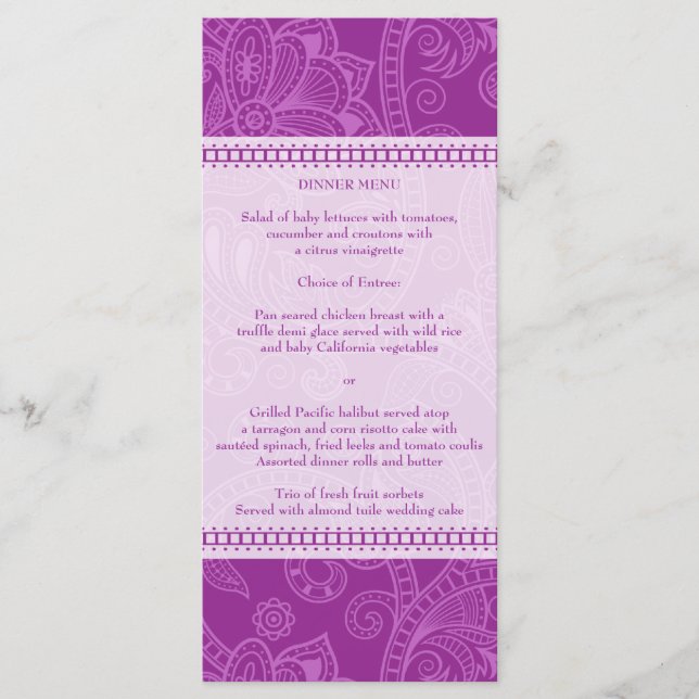 Paisley Impression in Violet Menu Rack Card (Front)