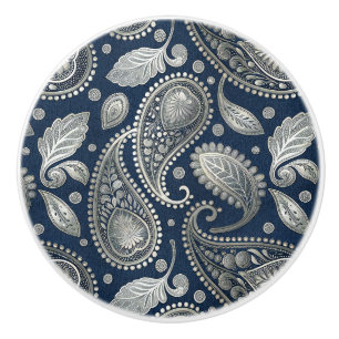 Paisley in Navy Blue and Elegant Silver Ceramic Knob