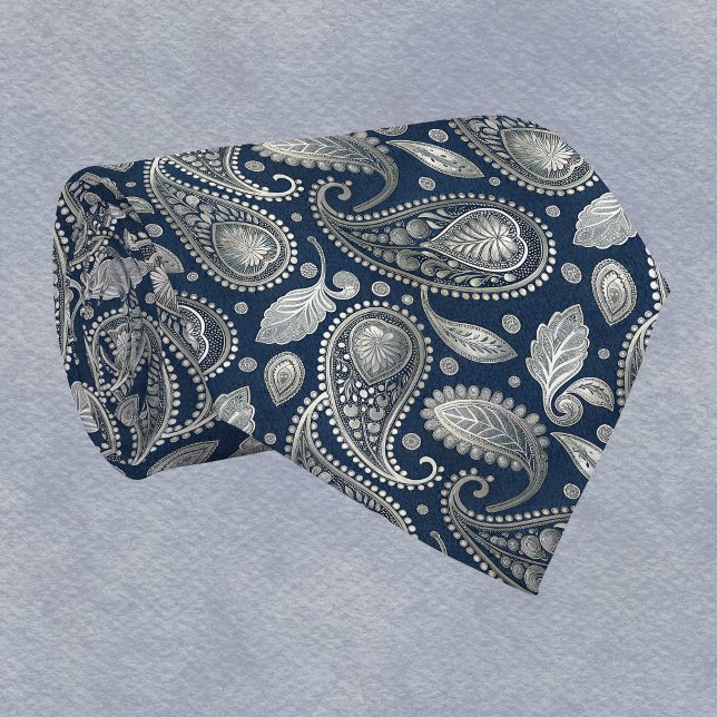 Paisley in Navy Blue and Elegant Silver Tie (Creator Uploaded)