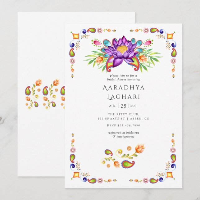 Paisley Lotus Flower Indian Bridal Shower Invitation (Front/Back)
