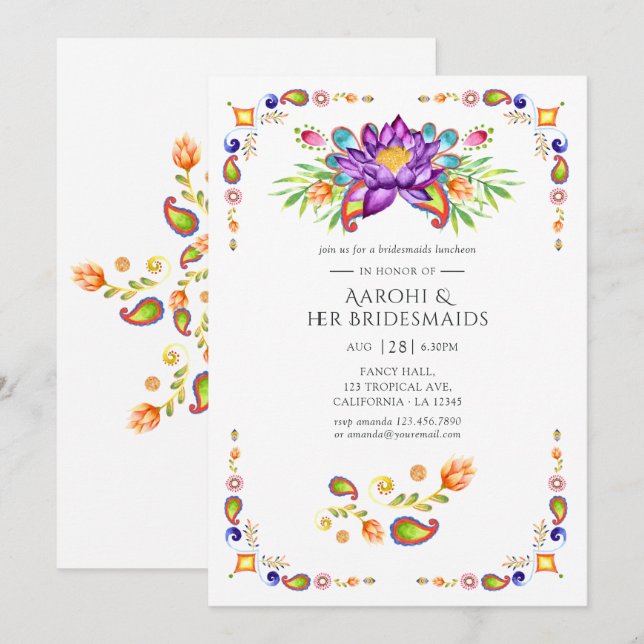 Paisley Lotus Flower Indian Bridesmaids Luncheon Invitation (Front/Back)