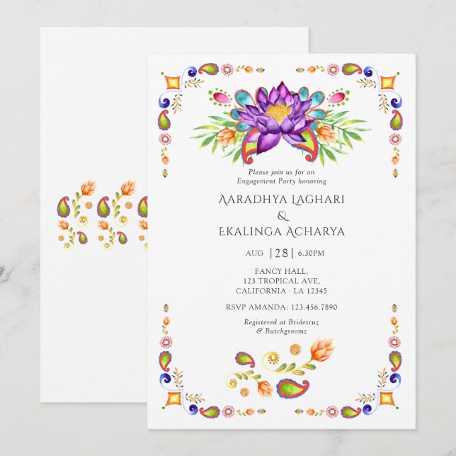 Paisley Lotus Flower Indian Engagement Party Invitation (Front/Back)