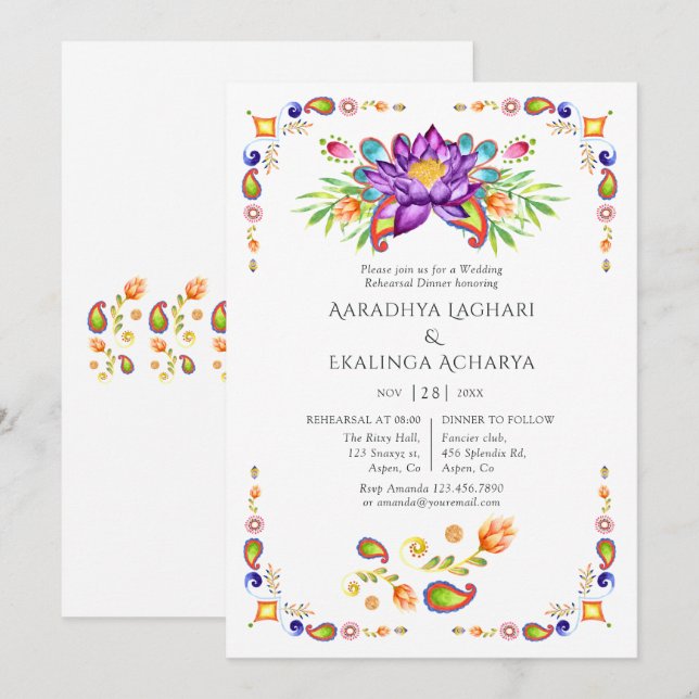 Paisley Lotus Flower Indian Rehearsal Dinner Invitation (Front/Back)