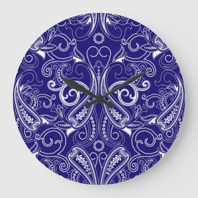 Paisley monochrome: blue, white elegance. large clock (Front)
