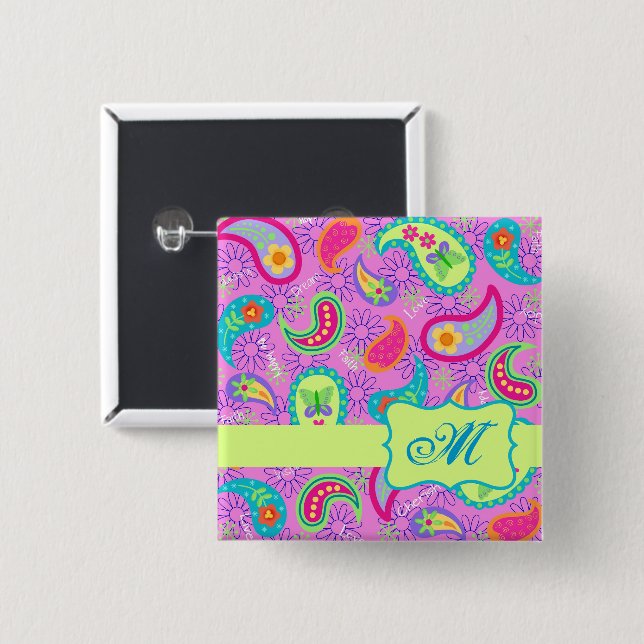  Paisley Monogram Magenta Pink Green Modern 15 Cm Square Badge (Front & Back)