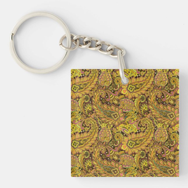 Paisley Motif in Yellow, Brown on Black Background Key Ring (Front)