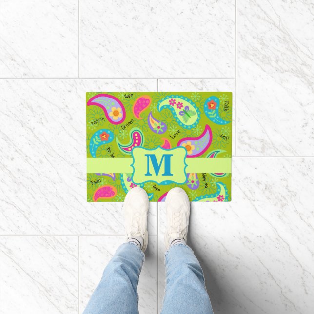 Paisley Olive Green Monogram Modern Whimsy Doormat (Indoor)