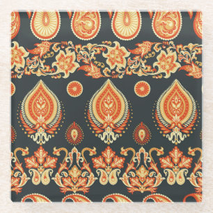 Paisley Oriental Ethnic Fabric Glass Coaster