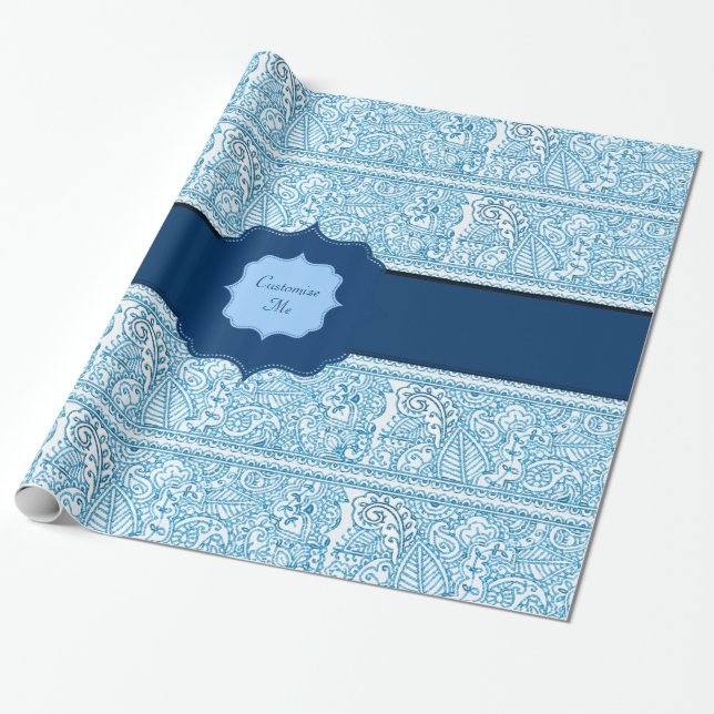 Paisley Passion - (Blue) (Henna) (Monogram) Wrapping Paper (Unrolled)