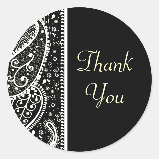 Paisley Patern Black & White Thank You Stickers (Front)