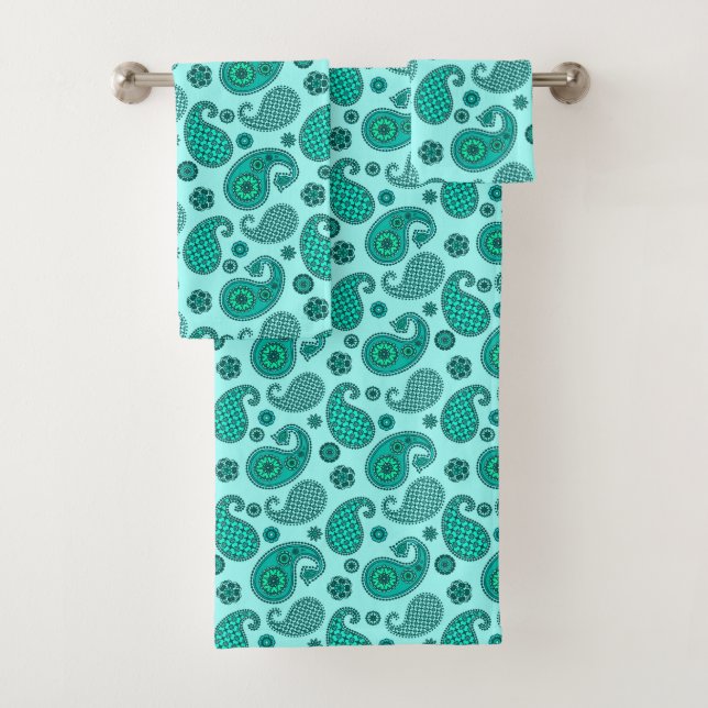 Paisley Pattern, Aqua and Turquoise Bath Towel Set (Insitu)