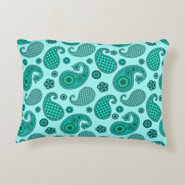 Paisley Pattern, Aqua and Turquoise Decorative Cushion (Back)