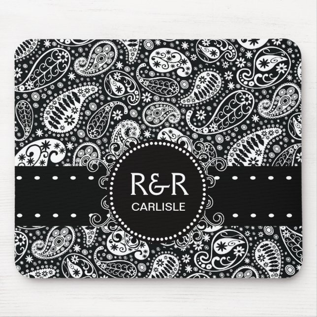Paisley Pattern Black and White  Personalised Mouse Mat (Front)