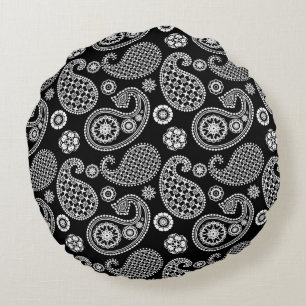 Paisley pattern, Black and White Round Cushion