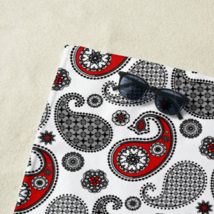 Paisley Pattern, Black, White and Red Beach Towel
