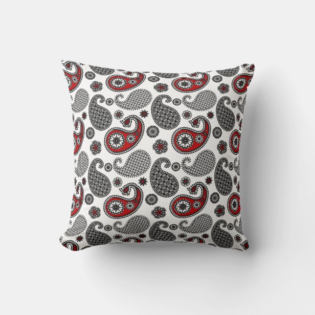 Paisley Pattern, Black, White and Red Cushion (Front)