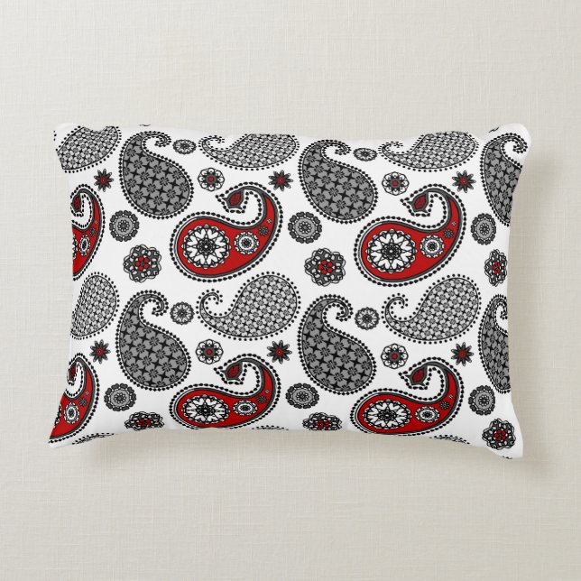 Paisley pattern, Black, White and Red Decorative Cushion (Back)