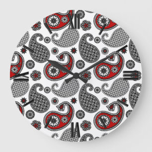 Paisley pattern, Black, White and Red Large Clock