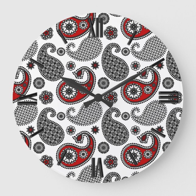 Paisley pattern, Black, White and Red Large Clock (Front)