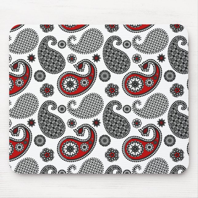 Paisley pattern, Black, White and Red Mouse Mat (Front)