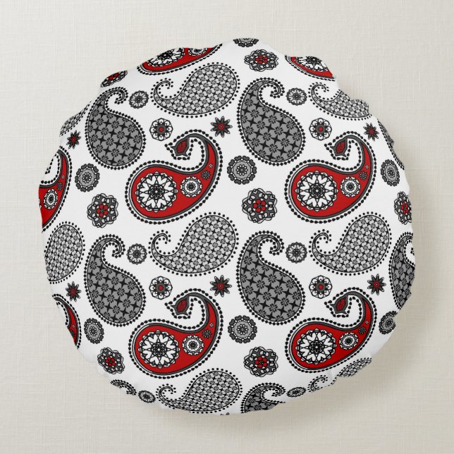 Paisley pattern, Black, White and Red Round Cushion (Back)