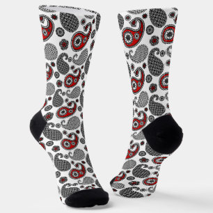 Paisley Pattern, Black, White and Red Socks