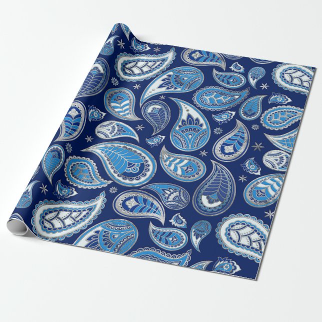 Paisley Pattern - Blue and silver Wrapping Paper (Unrolled)