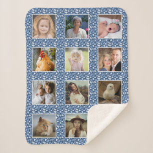 Paisley Pattern Blue Custom Family Photo Collage Sherpa Blanket