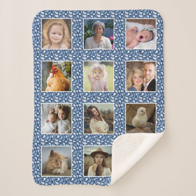 Paisley Pattern Blue Custom Family Photo Collage Sherpa Blanket (Front)