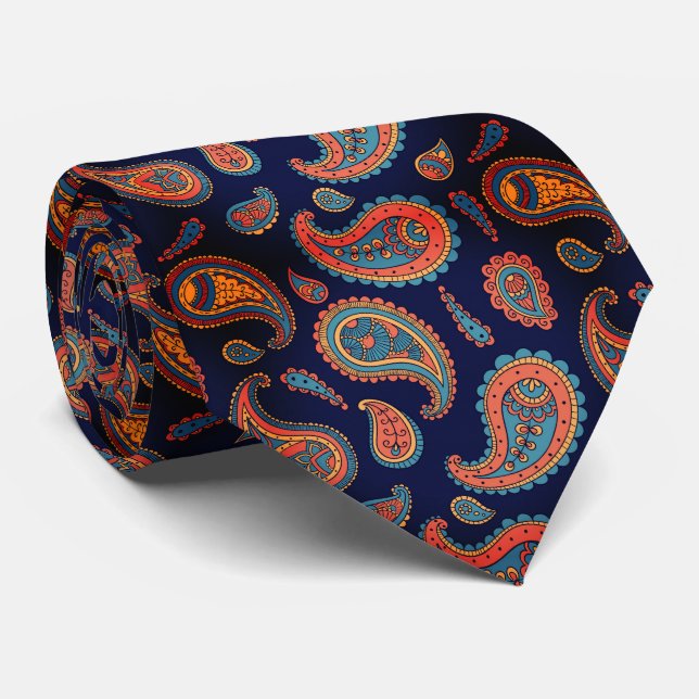  Paisley Pattern Blue Orange Tie (Rolled)