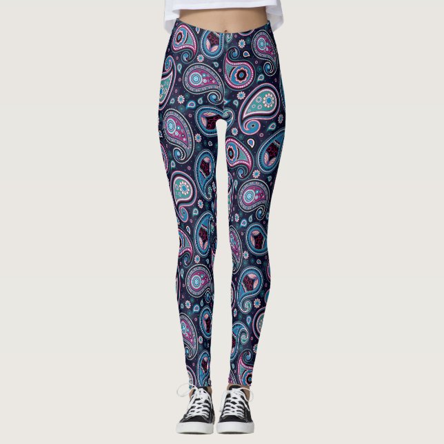 Paisley pattern blue purple elegant yoga pants (Front)