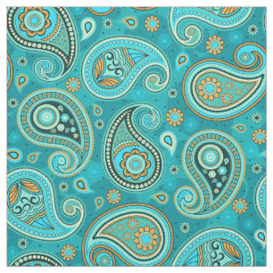 Paisley pattern blue teal orange colour fabric