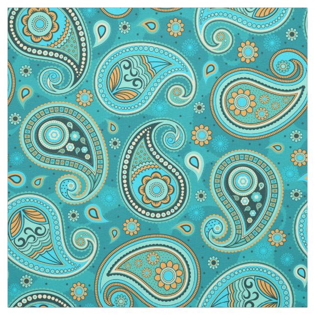 Paisley pattern blue teal orange colour fabric (Swatch)