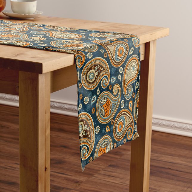 Paisley pattern blue teal orange elegant short table runner (In Situ)