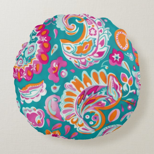 Paisley Pattern Boho Floral Decorative Round Cushion (Front)