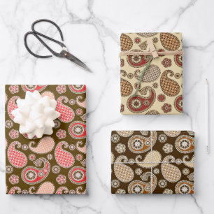Paisley Pattern, Brown, Beige and Coral Orange Wrapping Paper Sheet