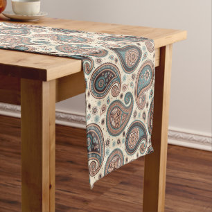 Paisley pattern brown teal beige elegant short table runner