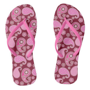 Paisley pattern, Burgundy, Pink and White Flip Flops