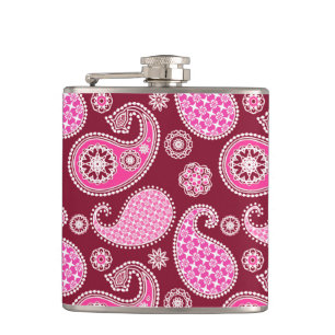 Paisley pattern, Burgundy, Pink and White Hip Flask