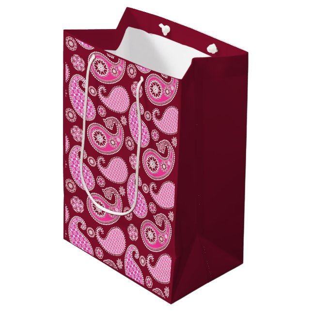 Paisley pattern, Burgundy, Pink and White Medium Gift Bag (Front Angled)