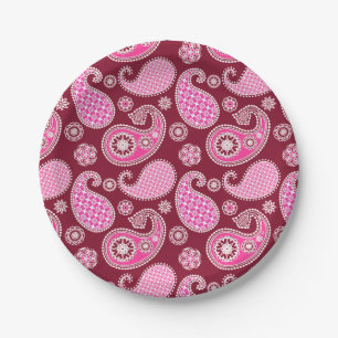 Paisley pattern, Burgundy, Pink and White Paper Plate