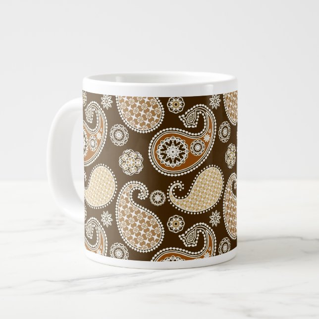 Paisley pattern, Chocolate Brown and Tan Large Coffee Mug (Front Left)