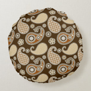 Paisley pattern, Chocolate Brown and Tan Round Cushion