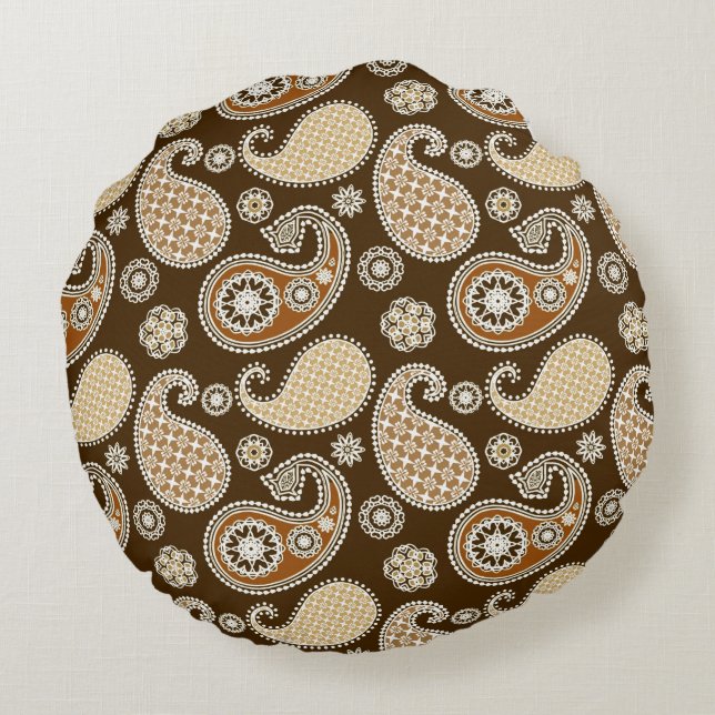 Paisley pattern, Chocolate Brown and Tan Round Cushion (Back)
