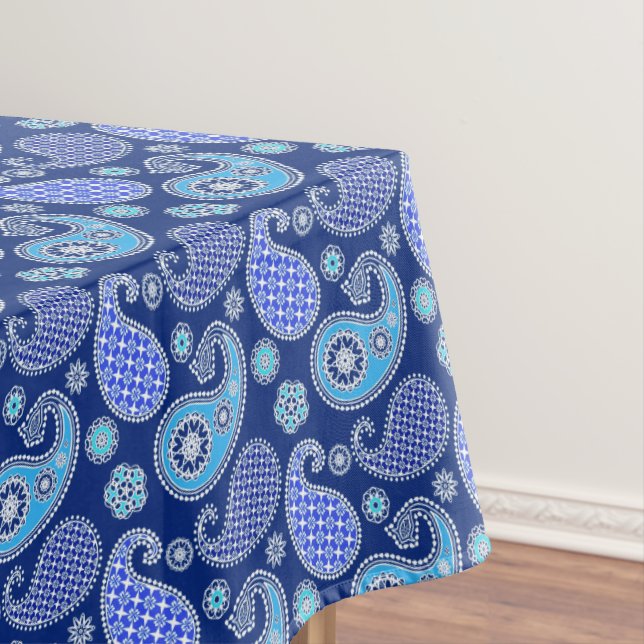 Paisley pattern, cobalt blue and white tablecloth (In Situ)