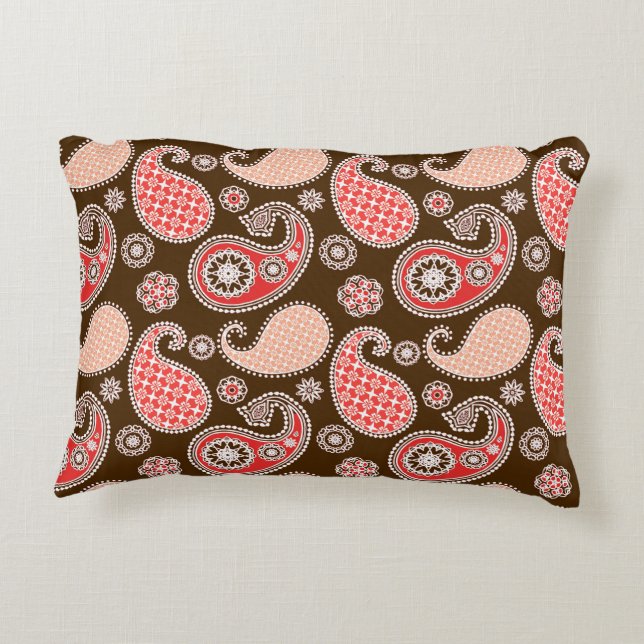 Paisley pattern, coral and chocolate brown decorative cushion (Back)