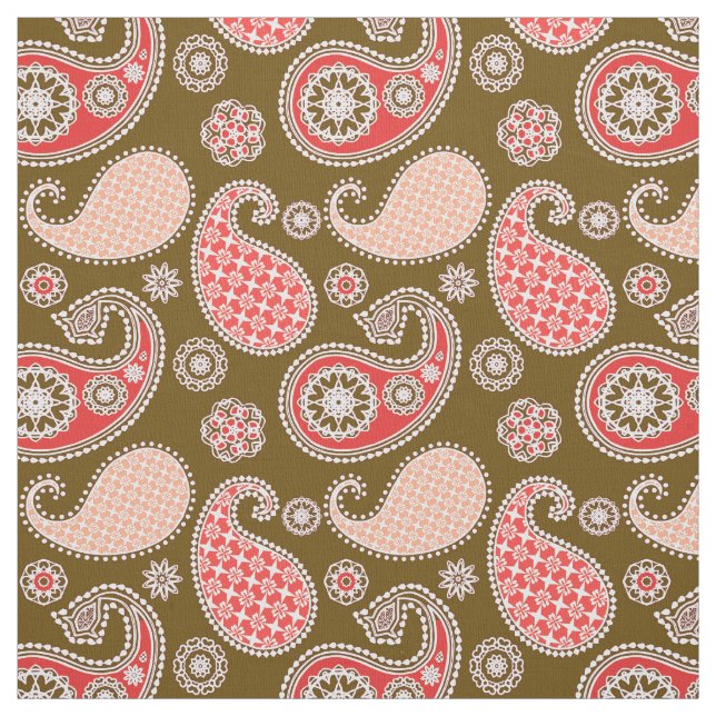 Paisley pattern, coral and chocolate brown fabric (Swatch)
