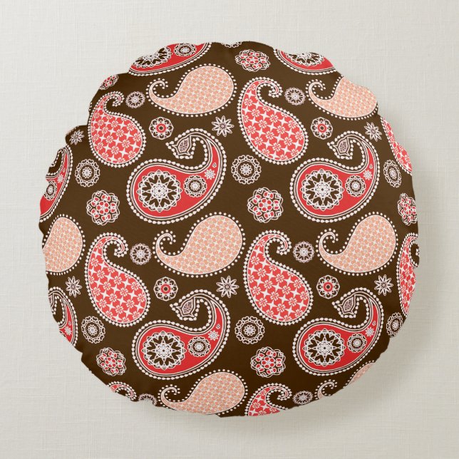 Paisley pattern, coral and chocolate brown round cushion (Front)