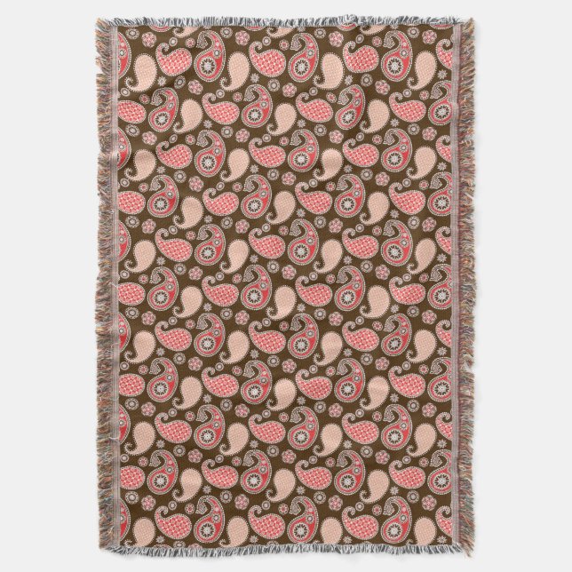 Paisley pattern, coral and chocolate brown throw blanket (Front Vertical)
