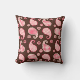 Paisley pattern, coral pink and chocolate brown cushion